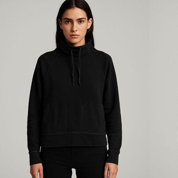 T Alexander Wang Black Leather Trim Mock Neck Pullover Hoodie Sweatshirt M - Picture 1 of 13